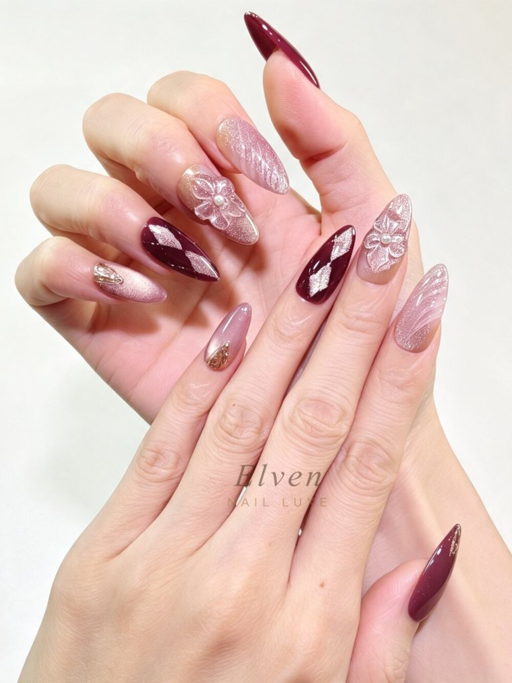 Burgundy Pink Cat Eye 3D Flowers Gold Foil &Pearls Medium Almond Press On Nails